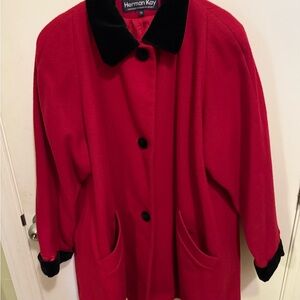 Herman Kay Women's Vibrant Red Pea Coat with Black Details